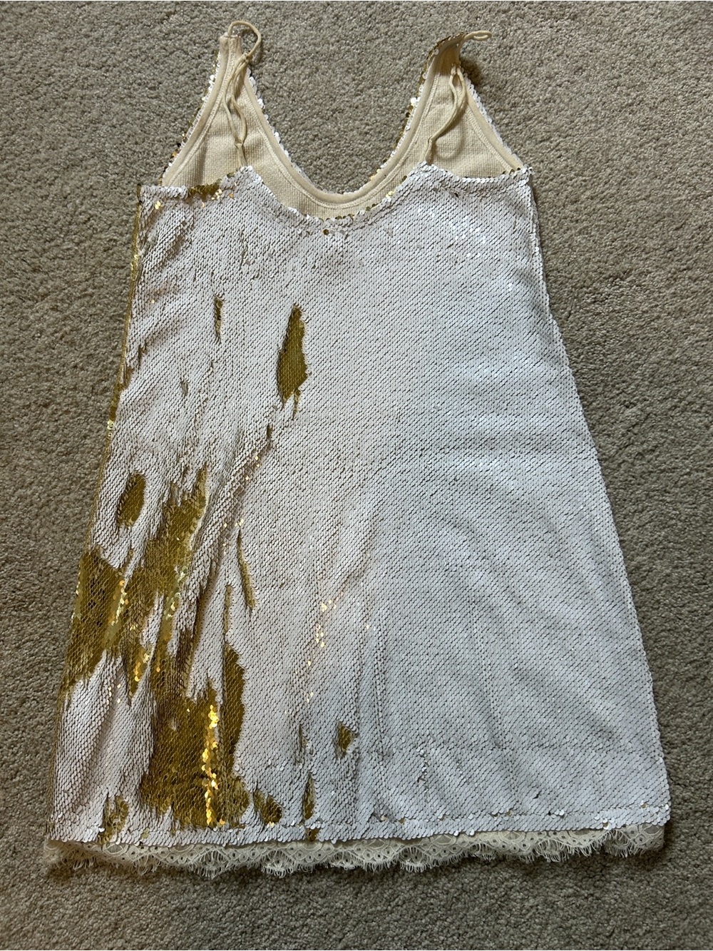Intimately Free People White and Gold Flip Sequined Slip Dress Lace Trim Sz S - Picture 6 of 7
